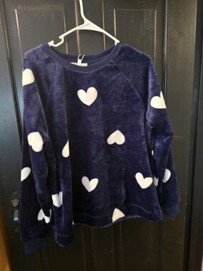 Navy Blue Plush Heart Pullover with White Hearts